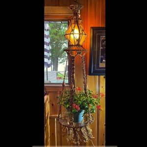 Vintage macrame flower pot holder with light